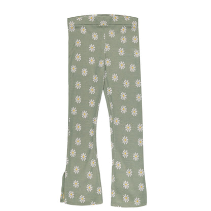White Flower Print Green Bell Bottom Cut Legging Girl Pant