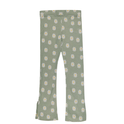White Flower Print Green Bell Bottom Cut Legging Girl Pant