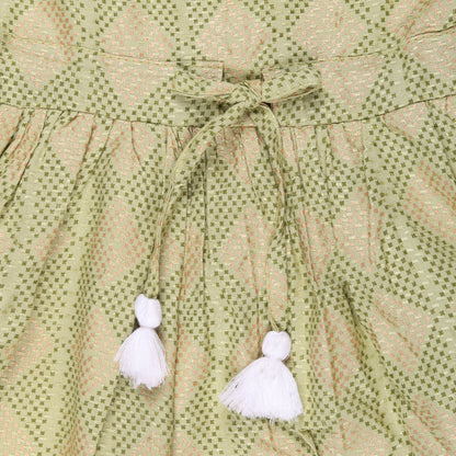 Mint Green Abstract Print Princess Dress with Fly Sleeve Vintage And Party Wear