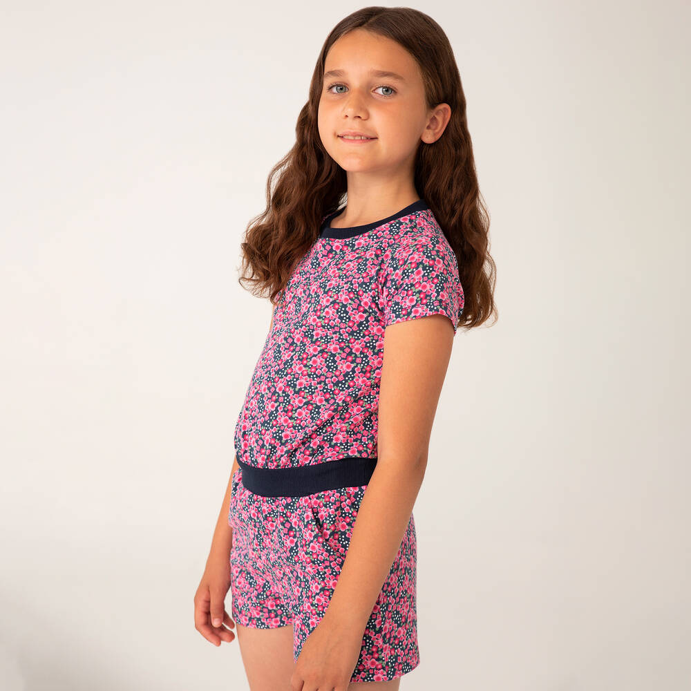 Girls Pink Cotton Floral Playsuit